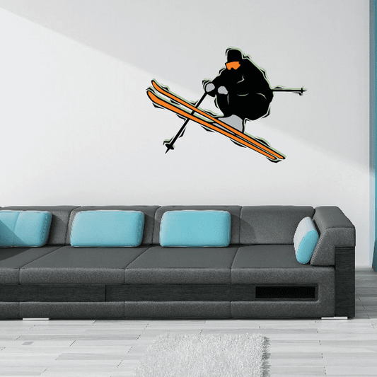 Skiing wall decal vinyl sticker, black skier figure with orange skis