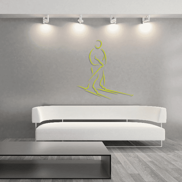 Skiing wall decal vinyl sticker with lime green outline skier and skis