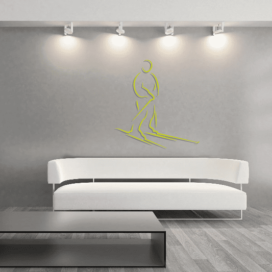 Skiing wall decal vinyl sticker with lime green outline skier and skis