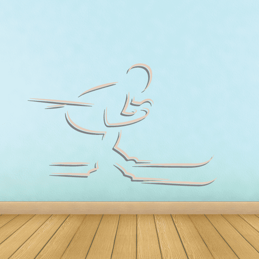 Skiing wall decal vinyl sticker with outlined skier in mid-ski pose