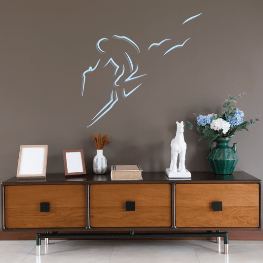 Skiing wall decal vinyl sticker, white line-art skier silhouette with motion marks