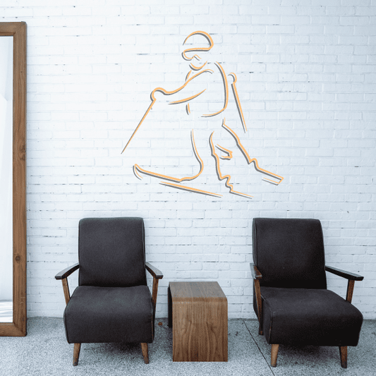 Skier wall decal vinyl sticker, white outline with orange detailing