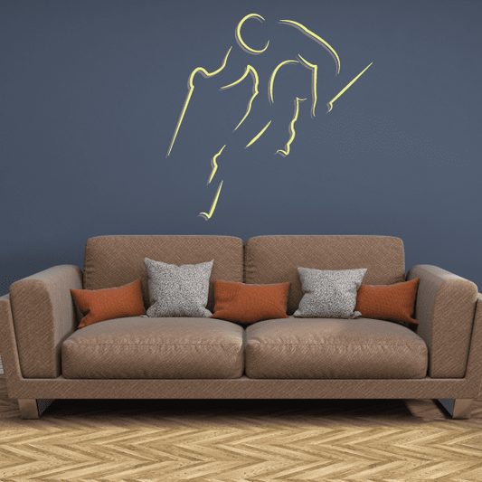Skiing wall decal vinyl sticker with gold line art skier silhouette