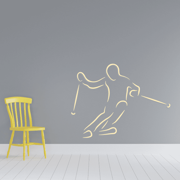Yellow skiing wall decal sticker with outlined skier and skis