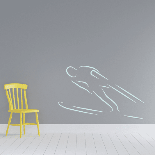 Skiing vinyl wall decal sticker with light blue ski tracks and curved speed lines