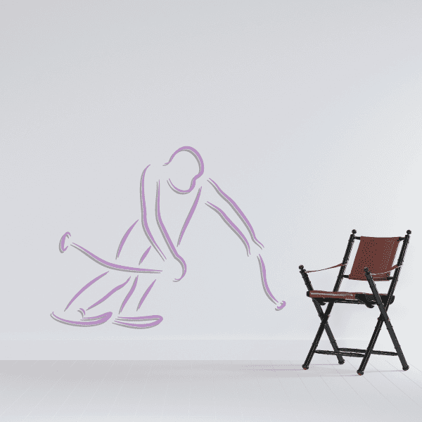 Skiing wall decal vinyl sticker with a purple line-art skier holding skis