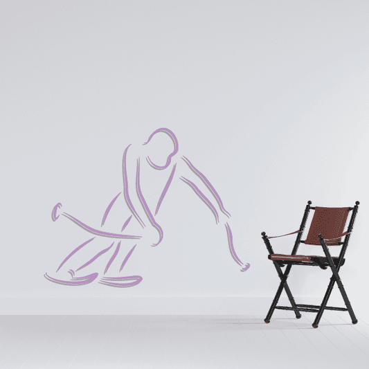 Skiing wall decal vinyl sticker with a purple line-art skier holding skis