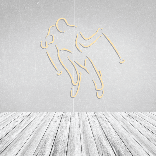Skiing wall decal vinyl sticker with stylized skier holding skis, yellow outline