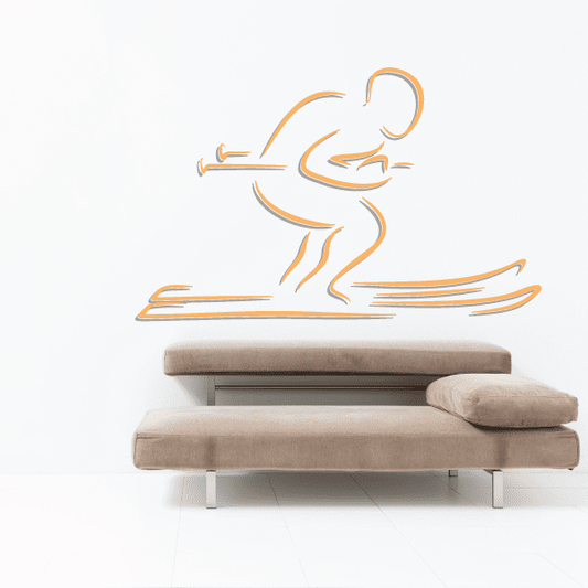 Skiing wall decal: orange skier outline vinyl sticker, die-cut