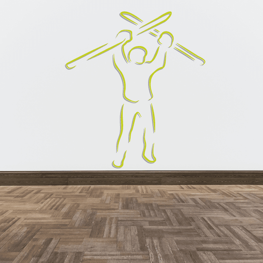 Skier wall decal vinyl sticker with green outline, skis and crossed poles