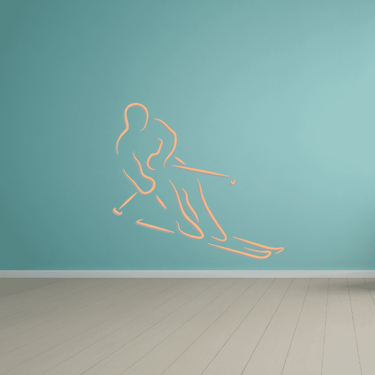 Skiing wall decal vinyl sticker with orange line-art skier and skis