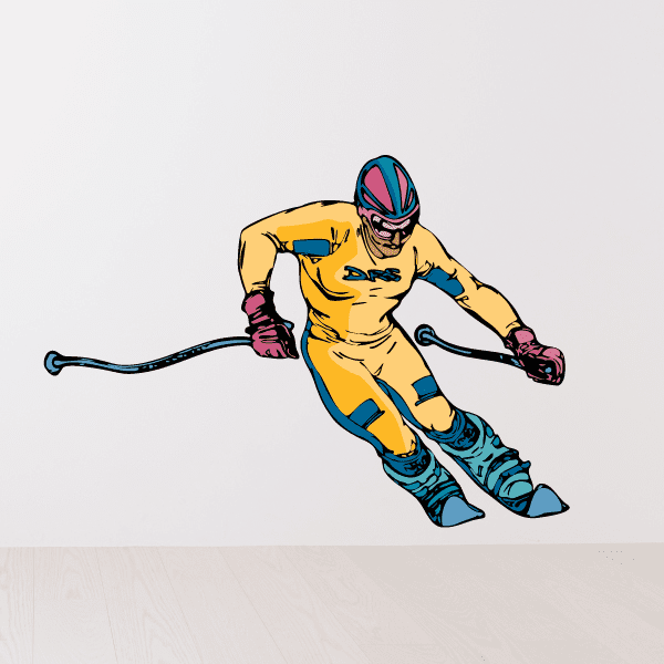 Skiing vinyl wall decal of cartoon skier with skis and poles, die-cut sticker