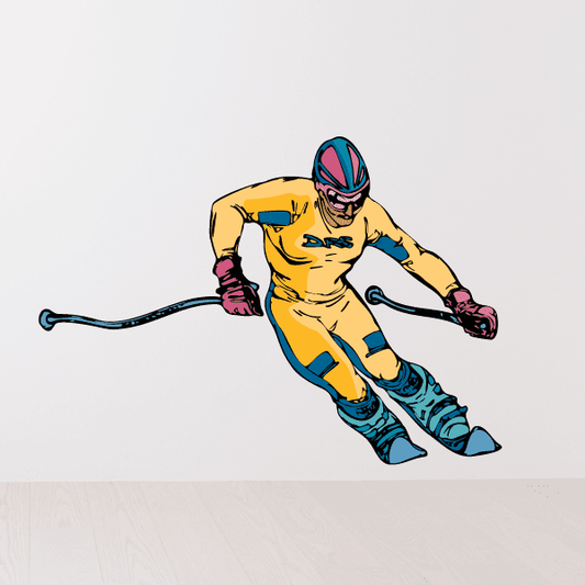Skiing vinyl wall decal of cartoon skier with skis and poles, die-cut sticker
