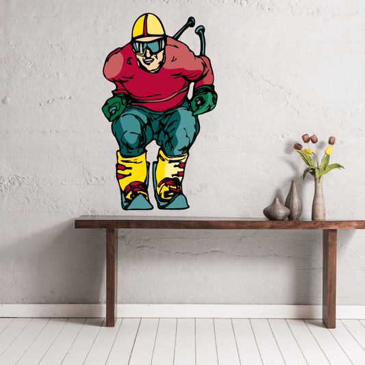 Skiing character wall decal sticker, yellow helmet, red coat, teal pants