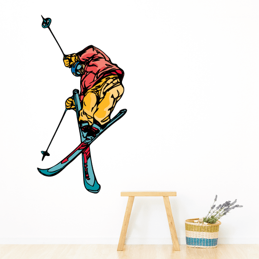 Colorful skier skiing wall decal vinyl sticker, midair pose with skis