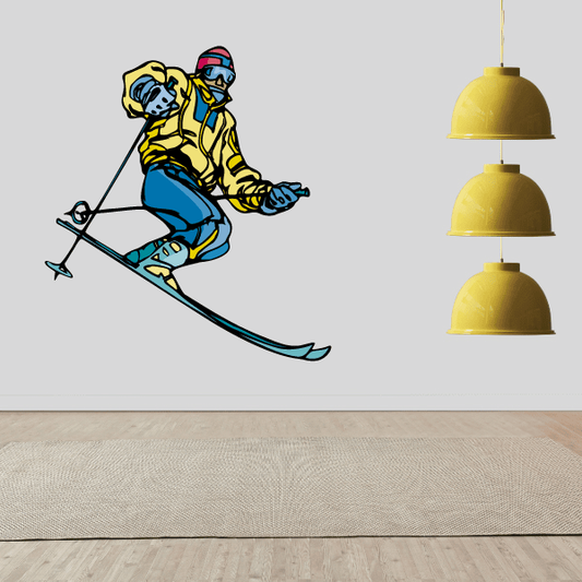 Skiing vinyl wall decal sticker of a cartoon skier in yellow jacket and blue pants