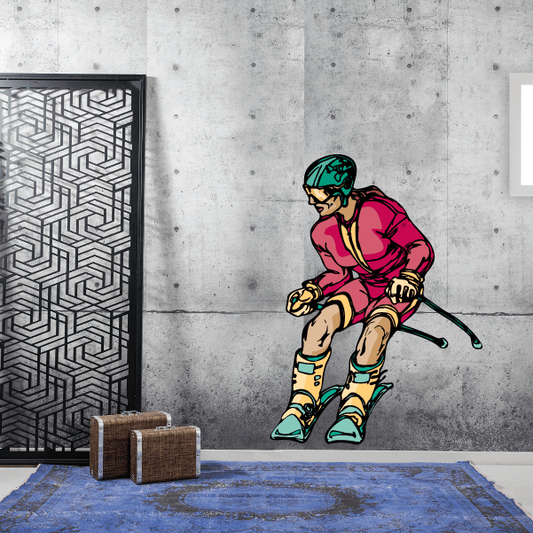 Skiing wall decal sticker of a colorful cartoon skier with skis and poles