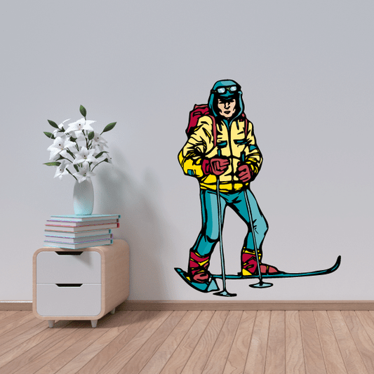 Skiing wall decal sticker featuring a colorful cartoon skier with skis