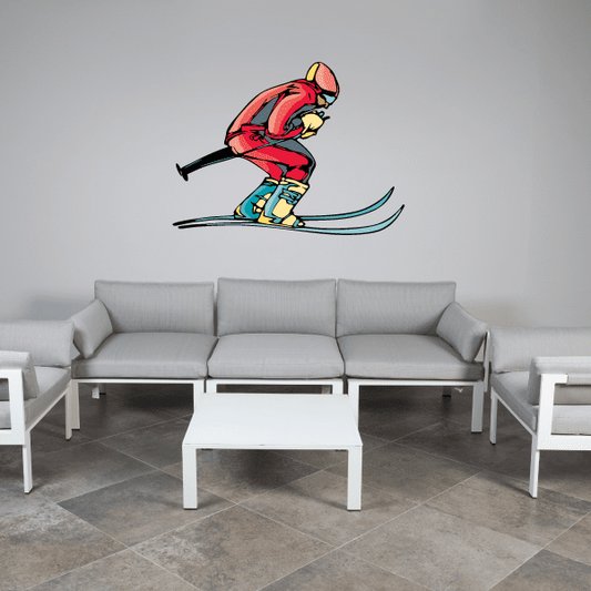 Skiing character wall decal sticker, red outfit and yellow skis, die-cut vinyl
