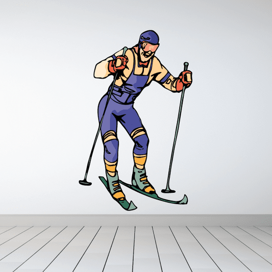 Skiing wall decal sticker showing cartoon skier with skis and poles