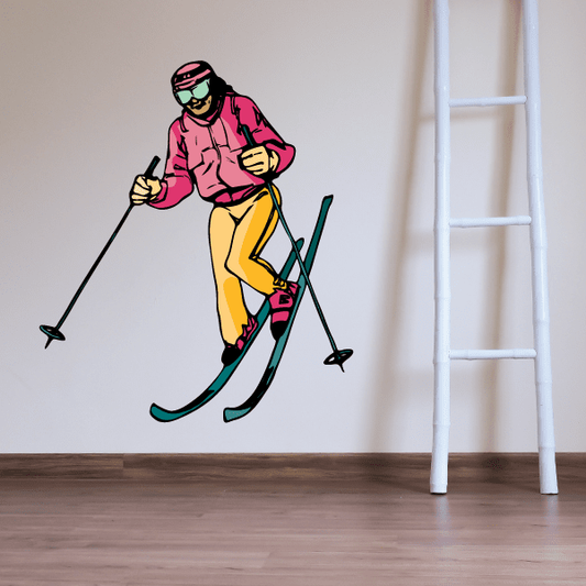 Cartoon skiing wall decal sticker of a pink-jacket skier with yellow pants and skis