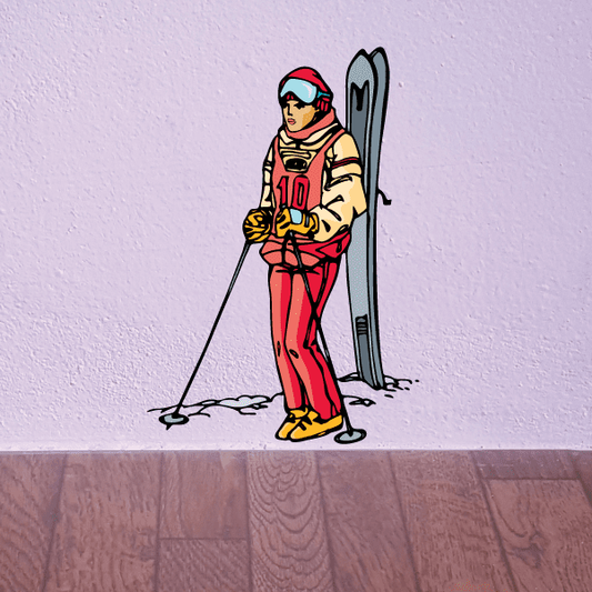 Skiing vinyl decal sticker of a skier in yellow boots and red pants holding poles