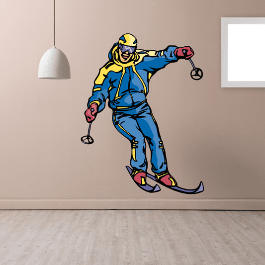 Skier wall decal sticker, blue and yellow cartoon figure with skis, die-cut vinyl