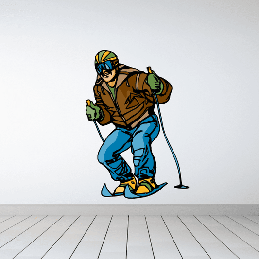 Skiing wall decal vinyl sticker, cartoon skier with poles, brown jacket and blue pants