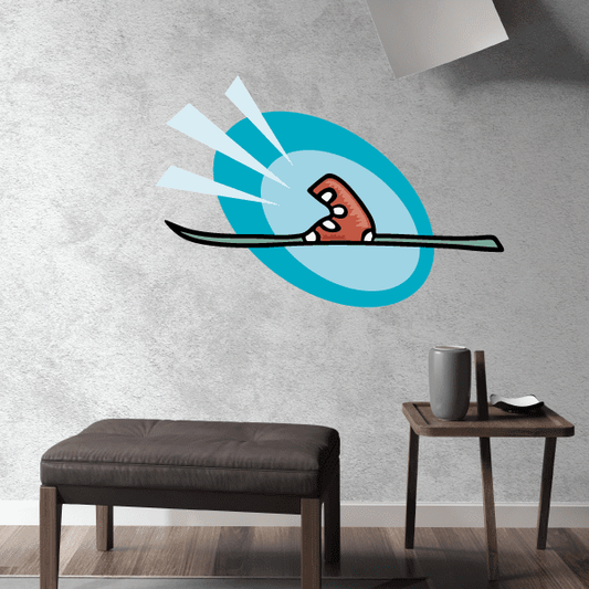 Skiing wall decal sticker with cartoon skier and skis in teal-blue circle target.