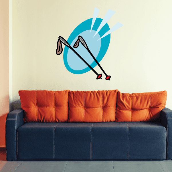 Skiing vinyl wall decal with crossed skis and poles, die-cut design
