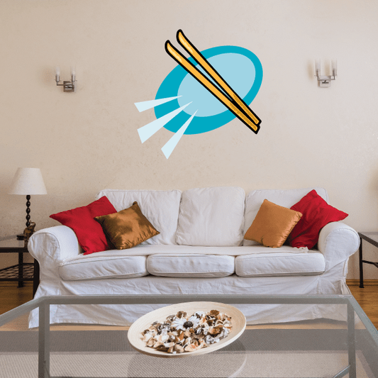 Skiing wall decal sticker with turquoise heart and crossed skis