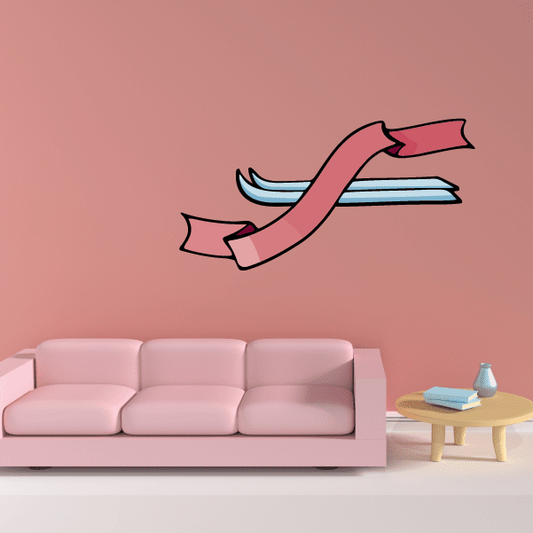 Skiing wall decal sticker of red skier with blue striped skis