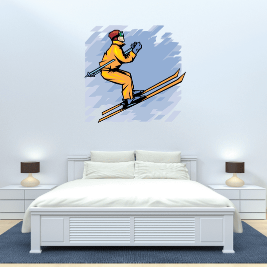 Skiing wall decal featuring cartoon skier in yellow jacket holding skis