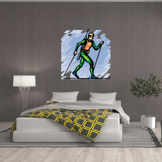 Skier wall decal sticker, die-cut vinyl figure in green jacket mid-ski
