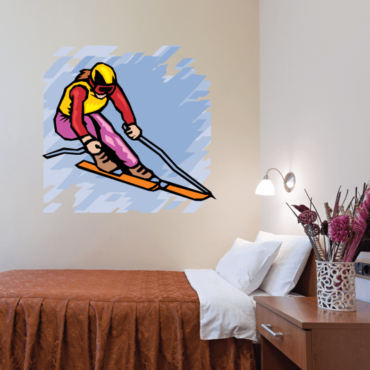 Skiing wall decal vinyl sticker of a skier in pink and yellow on skis