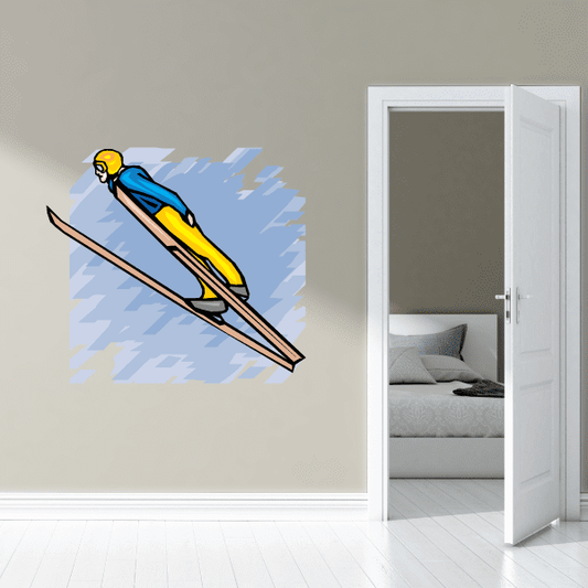 Skiing wall decal sticker: yellow skier with blue skis, die-cut vinyl