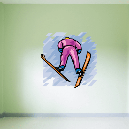 Skiing wall decal vinyl sticker with a pink skier and orange poles, die-cut figure