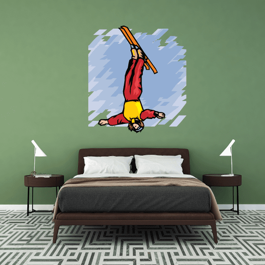 Colorful skiing wall decal sticker with skier in red, yellow, and black