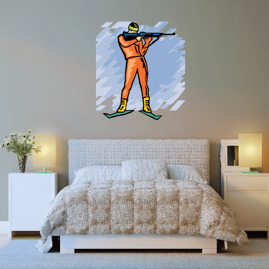 Skiing wall decal sticker of an orange-clad skier with black helmet and yellow boots