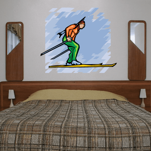 Skiing wall decal: cartoon skier in orange jacket, on snow