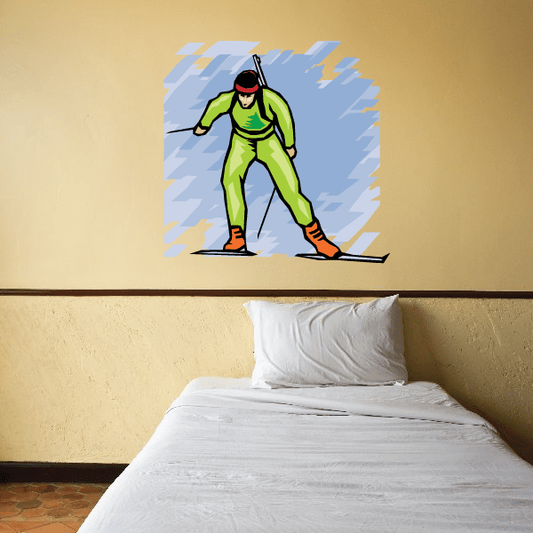 Skier wall decal vinyl sticker, green-clad skier on skis, die-cut