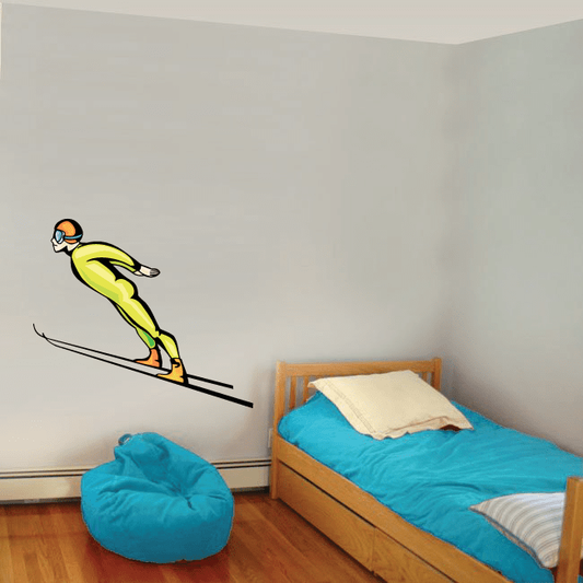 Skiing wall decal of a skier in lime green on black skis