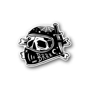 Vinyl sticker with black-and-white skull and motorcycle helmet with crossbones