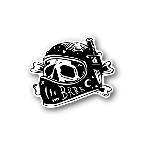 Vinyl sticker with black-and-white skull and motorcycle helmet with crossbones