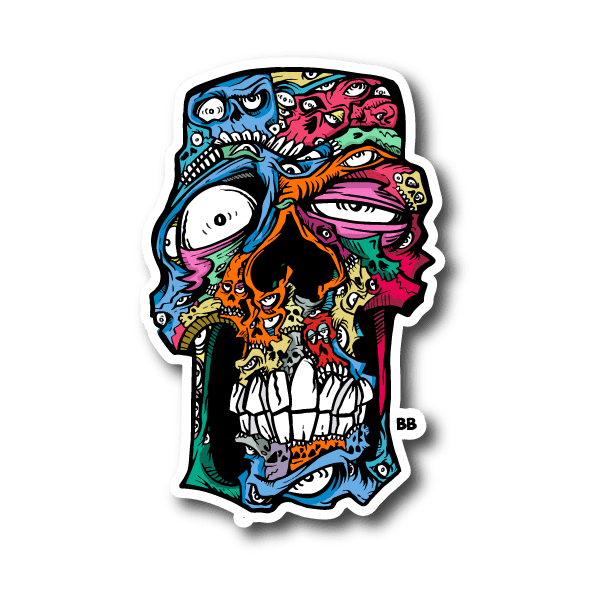 Evil skull vinyl sticker with colorful cartoon face design