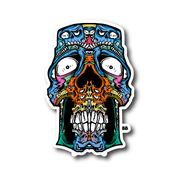 Evil skull vinyl sticker with blue face, orange flames, and grinning skeletal mouth