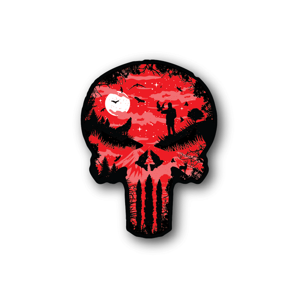 Vinyl skull collage sticker with red, black, and white graphic design