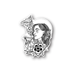 Vinyl sticker with skull-themed woman profile and flowers
