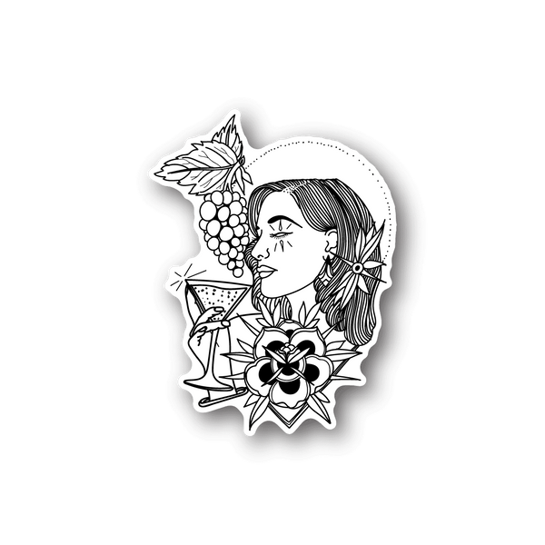 Vinyl sticker with skull-themed woman profile and flowers
