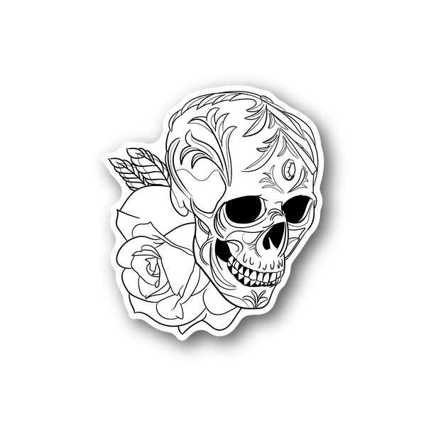 Skull and flower vinyl sticker with white line art
